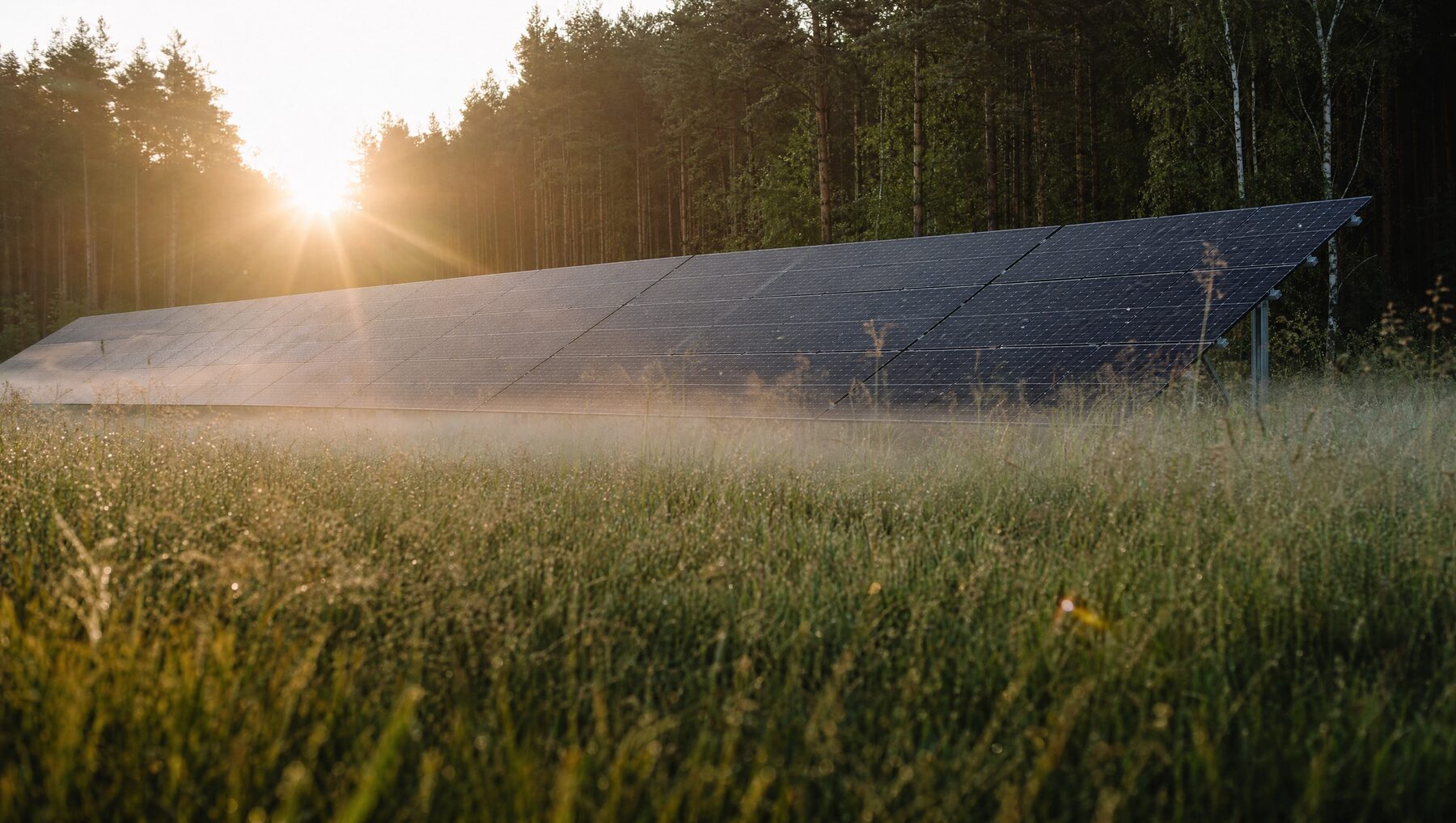 Freiflächen-Photovoltaikanlage auf einer Wiese am Waldrand im Gegenlicht der Morgensonne