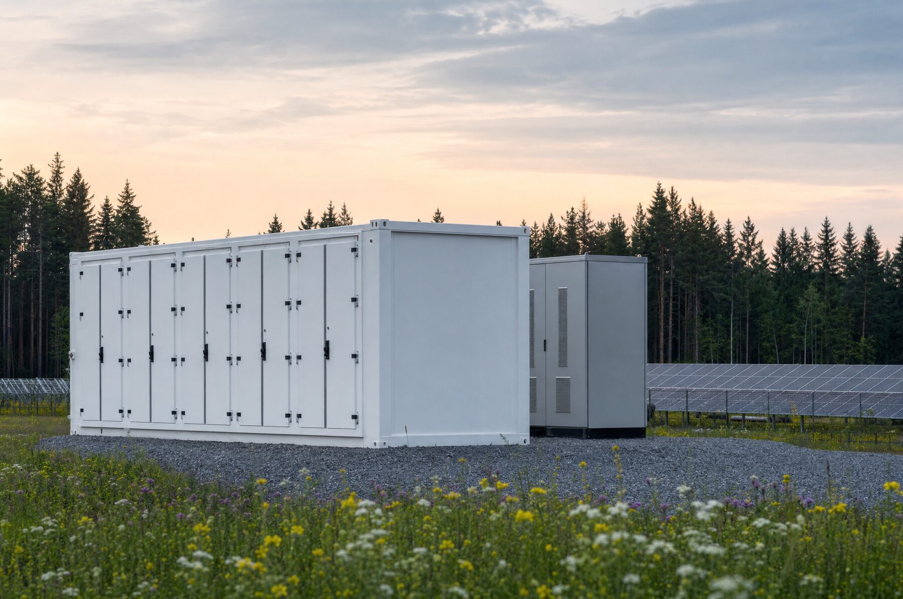 Batteriespeicher-Container und Wechselrichterschrank am Rand einer Solarfläche